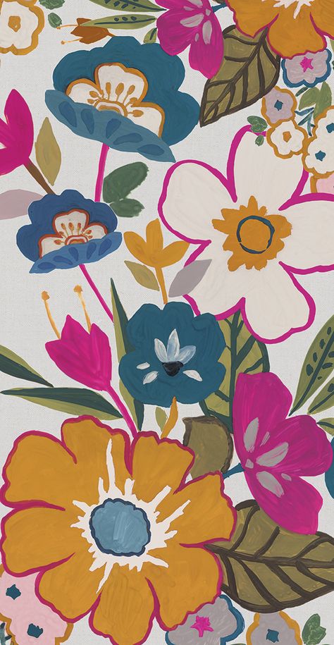 Bright Flower Wallpaper Print Patterns, Primary Colors, Art Print, Wall Art, Canvas, Silver, Art