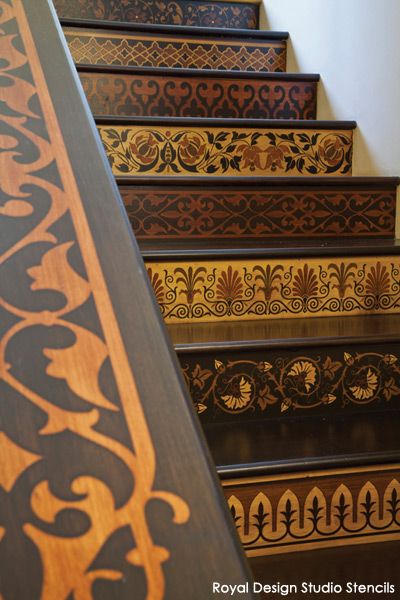 Stenciled Stairs, Royal Design Studio Stencil, Casa Country, Stair Case, Painted Stairs, Wooden Stairs, Stair Risers, Stencil Patterns, Interior Paint Colors