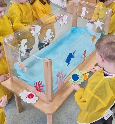 Water Theme Activities For Toddlers, Kindergarden Activity Summer, Ocean Themed Activities For Toddlers, Ocean Infant Art, Aquarium Activities For Kids, Ocean Kindergarten Activities, Aquarium Crafts For Kids, Sea Activities For Preschool, Aquarium Dramatic Play