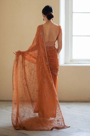 Shop for Nimbus Orange Hand Embroidered And Pre-draped Saree Set for Women Online at Aza Fashions Back Less Saree Blouse, Orange Saree Aesthetic, Rust Orange Saree, Blouse Inspo For Saree, Sangeet Sarees, Square Blouse Designs, Orange Saree Look, Different Types Of Saree Draping, Types Of Saree Draping