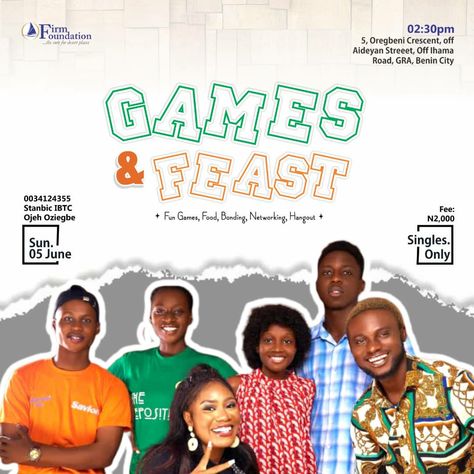 Games and feast is a design for youth hangout. Smiling faces on an abstract background. Two colour selection and use of font Hangout Background, Youth Theme, Groups Poster, Benin City, City Games, Smiling Faces, Smile Face, Abstract Background, A Design