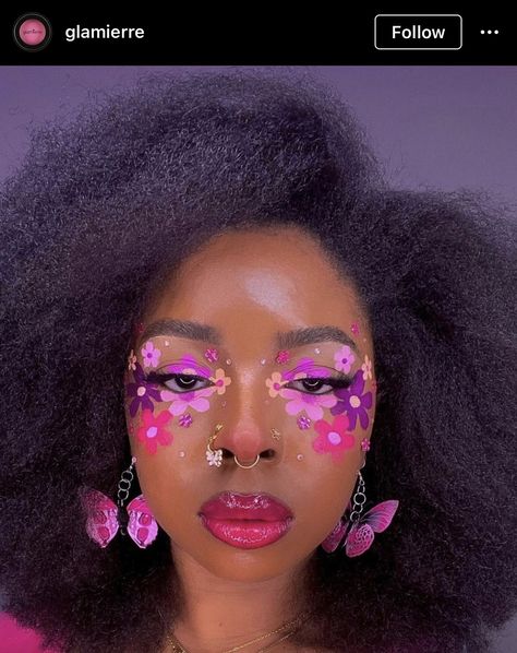 Makeup Looks Abstract, Playful Makeup Looks, Unique Makeup Looks Black Women, Fun Birthday Makeup Looks, Green Makeup Looks Creative, Spring Theme Makeup, Makeup Looks With Face Paint, Creative Eye Makeup Black Women, Spring Makeup Looks Creative