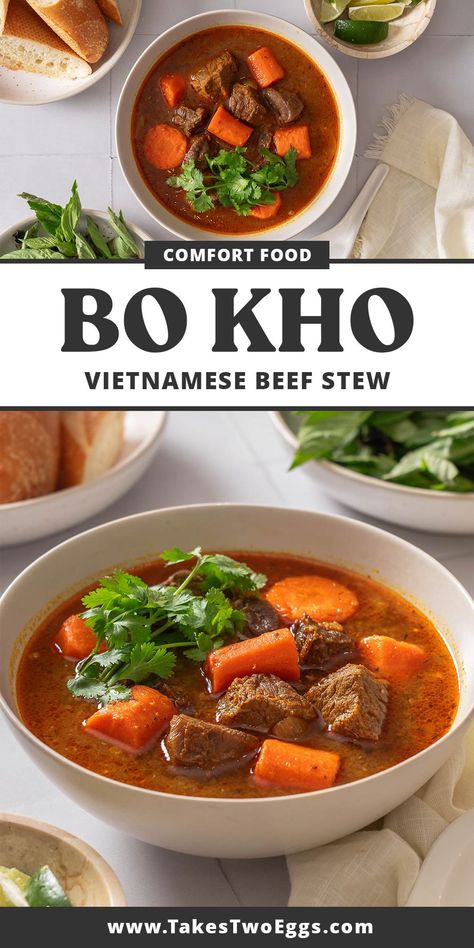 Bò kho or Vietnamese beef stew made with deliciously tender braised beef, carrots and loaded with fragrant aromatics and spices. This authentic bo kho recipe served with fresh herbs and a baguette is the most satisfying and comforting dish. Cambodian Beef Stew, Vietnamese Dishes Food Recipes, Vietnamese Beef Recipes, Bo Kho Recipe, Thit Kho, Bo Kho, Vietnamese Beef Stew, Vietnamese Noodle Soup, Exotic Recipes