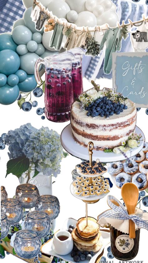 Tea Party Themed Baby Shower Ideas Boy, Blue Brunch Food, Blueberry Birthday Theme, Baby Shower Inspo Boy, Berry First Birthday Blueberry, Baby Boy Shower Ideas Themes Simple, Its A Boy Baby Shower Theme, Blueberry Themed Birthday Party, Baby Boy Brunch Shower Ideas