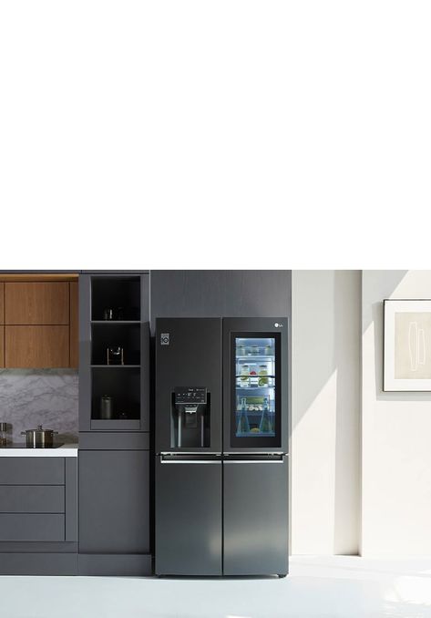 LG 847L French Door Fridge in Matte Black Finish : buy online | LG Australia Black Fridge Kitchen, Huge Refrigerator, Lg Fridge, Clarendon Homes, Black Fridges, Fridge Lg, French Door Fridge, Double Door Fridge, Black Refrigerator