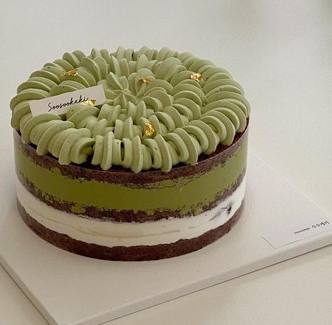 Matcha Cake Aesthetic, Slice Cake, Matcha Cake, Fruity Cake, Korean Cake, Cake Aesthetic, Dessert Boxes, Gourmet Desserts, Painted Cakes