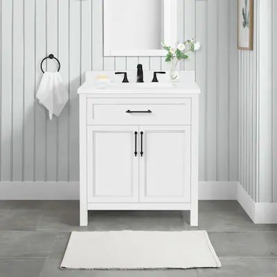 30-in Bathroom Vanities with Tops at Lowes.com Removable Backsplash, Engineered Stone Countertops, White Spruce, Ceramic Undermount Sink, Sleek Bathroom, Stone Countertop, Freestanding Vanity, Small Bathroom Vanities, Bathroom Redesign