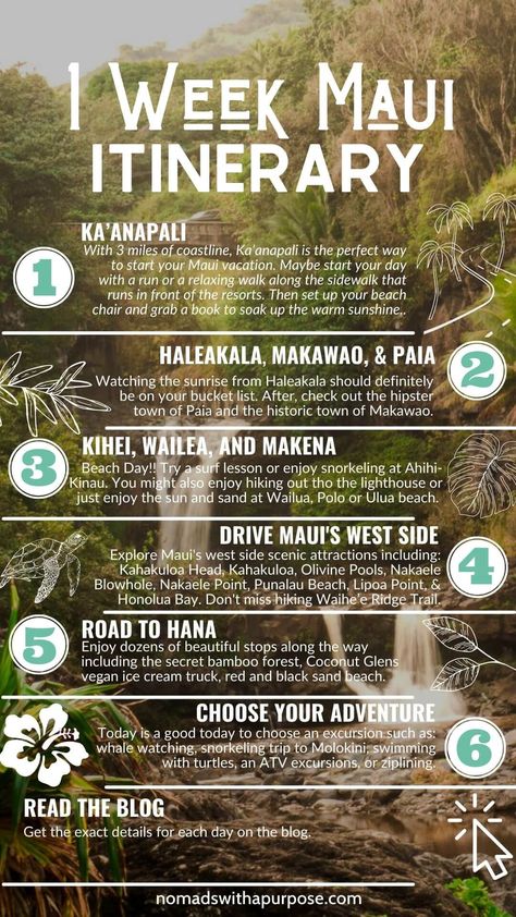 Maui 1 Week Itinerary • Nomads With A Purpose Maui Hawaii Things To Do In, Bellas Wedding, Hawaii Trip Planning, Hawaii Vacation Tips, Maui Photos, Maui Itinerary, Maui Activities, Hawaii Itinerary, Maui Hawaii Vacation