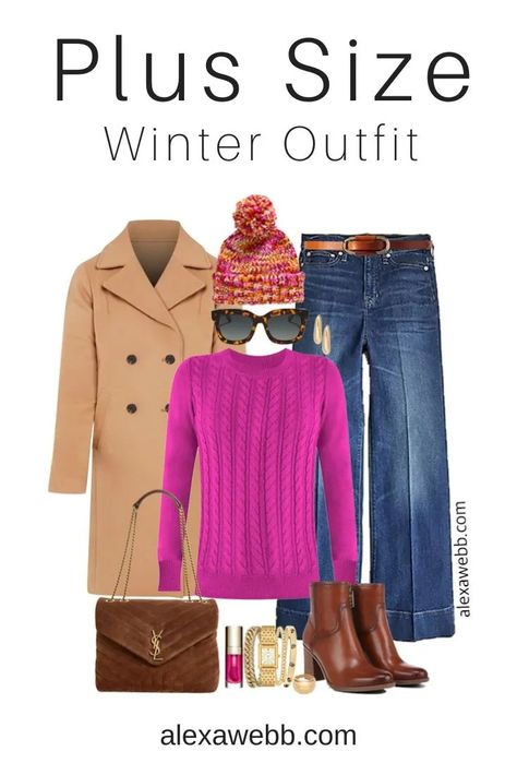 Plus Size Berry Sweater Outfits - Alexa Webb Wide Leg Jean Outfits, Berry Sweater, Twofer Sweater, Casual Outfit Idea, Alexa Webb, Wide Leg Jeans Outfit, Plus Size Winter Outfits, Pink Cable Knit Sweater, Black Leggings Outfit