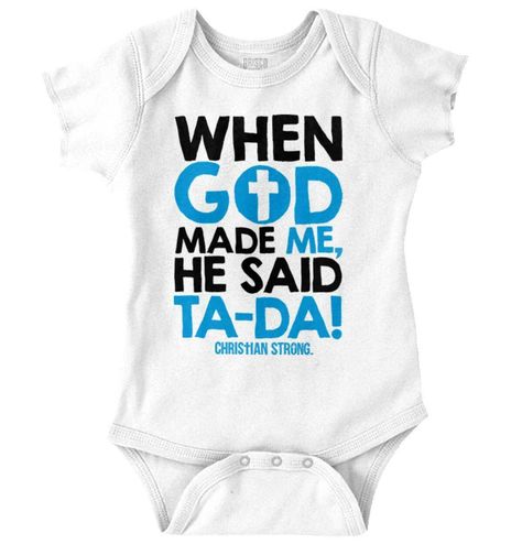 Brisco Brands God Made Me Christian Strong Jesus Baby Romper Boys or Girls related product $0.00 $0.00 $0.00  breastfeeding present christianity religious christ drinking humor adorable announcement cross religion clothes newborn onepiece short sleeve jumpsuit infant shower male female Description Size Chart Payment Shipping Returns God creates all things in the world. He creates the trees, the animals, the oceans, the rivers, and of course, people! You were truly blessed when your little one wa Christian Onesies, Religion Clothing, God Made Me, God Made You, Romper Bodysuit, Shirt Sayings, Short Sleeve Jumpsuits, Boys Romper, One Piece Bodysuit