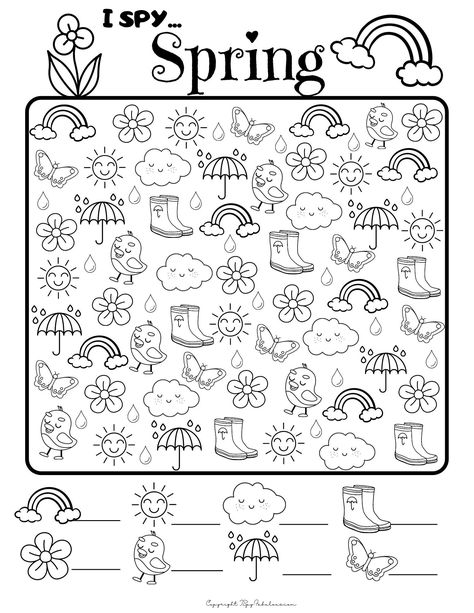 Free I Spy Spring printable - great for kids! Kinder Activity Sheets, Spring Mazes Free Printable, Preschool I Spy Printables, Free Printable I Spy Worksheets, Fun Worksheets For Kindergarten Free Printable, I Spy Kindergarten Free Printable, Spring Crafts For Kids Printable, I Spy Spring Free Printable, I Spy Activities For Kids