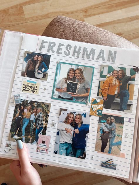 Freshman Scrapbook Pages, Friends Themed Scrapbook, College Memory Book Ideas, Freshman Year Memory Book, University Scrapbook Ideas, Sorority Scrapbook Ideas Book Pages, Senior Scrapbook Ideas High Schools, Freshmen Year Scrapbook Ideas, Scrapbook Ideas Freshman Year