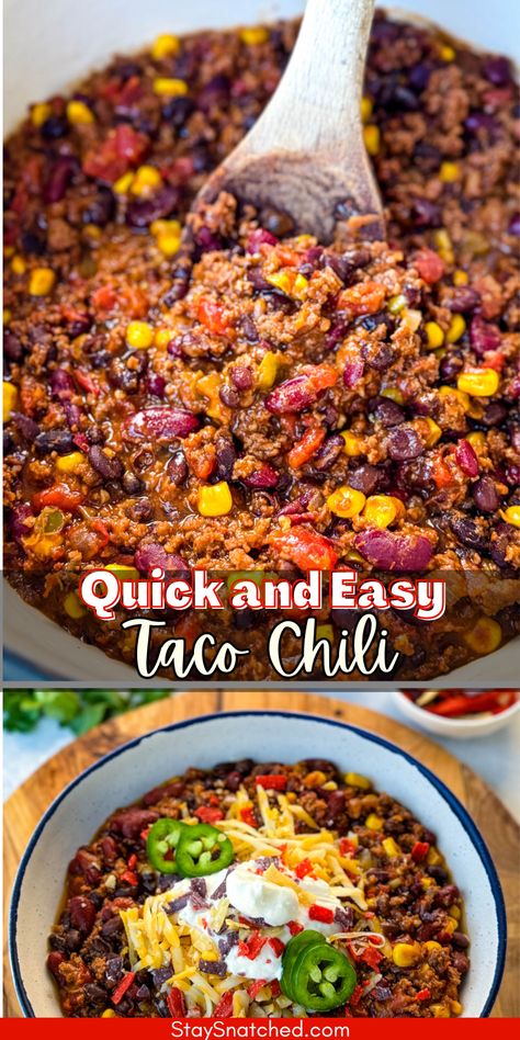 Switch up your standard beef chili with this hearty bowl of Taco Chili. This dish is packed with delicious flavors and topped with melty cheese, zesty salsa, creamy sour cream, and crunchy tortilla strips. This comforting meal is perfect for any occasion, providing the best blend of textures and tastes that everyone will love. Taco Chili Recipe, Chili Tacos, Farmhouse Recipes, Chili Recipe Healthy, Taco Chili, Healthy Chili, Tortilla Strips, Savory Recipe, Fantastic Recipes