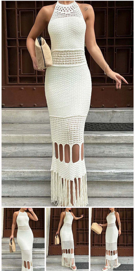 Sexy Solid Color Fringed Trim Hollow Out Backless Halter Long Dresses Halter Crochet, Maxi Dresses Fall, Crochet Fringe, Fall Winter Dresses, Fringe Dress, Fringe Trim, Long Dresses, Long Blouse, Mini Dress Party