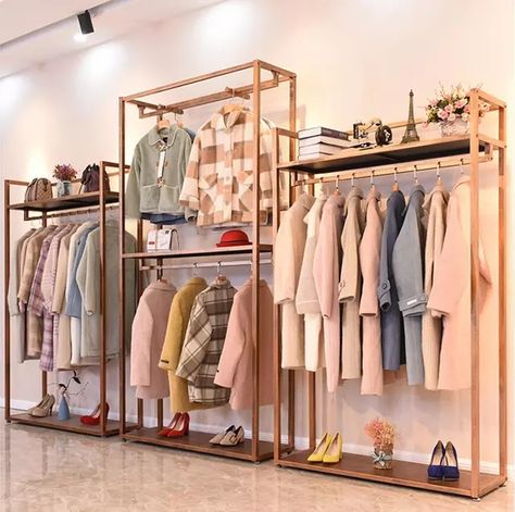 Clothing store rack height cabinet combination men's and women's clothing store shelves hanging rack double clothing rack _ - AliExpress Mobile Butik Design, Vitrine Design, Clothing Rack Display, Free Standing Coat Rack, Coat Rack With Storage, Clothing Store Displays, Clothing Store Interior, Metal Clothes Rack, Clothing Store Design