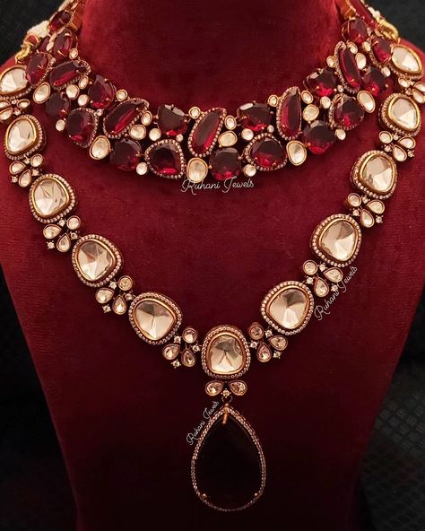 Premium Polki Necklace Set Layering in Maroon Red ❤😍 . . . #polkijewellery #polkiearrings #finejewelry #highjewelry #diamondearrings Polki Necklace Set, Red Stone Necklace, Heavy Necklace, Polki Necklace, Maroon Red, Red Stone, Stone Necklace, Necklace Set, Layering