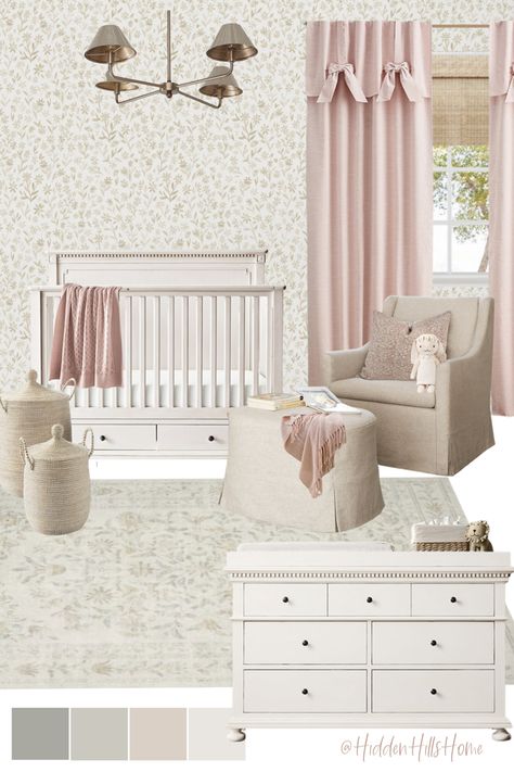 Cute nursery decor mood board with beige and pink colors throughout! Baby girl nursery inspiration Small Print Floral Wallpaper, Light Pink Neutral Nursery, Floral Neutral Nursery, Whole Room Wallpaper, Blush And Beige Nursery, Modern Organic Nursery Girl, Neutral Nursery With Pops Of Pink, Dreamy Nursery Girl, Wallpaper For Nursery Girl