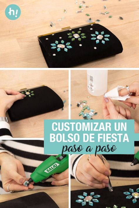 Cómo customizar un bolso de fiesta ➜ Compra un bolso básico y personalízalo con unas piedras de bisutería y cola caliente.  #Bolso #Customizado #Clutch #Piedras #Navidad #DIY #Handfie Navidad Diy, Diy Tote Bag, Manualidades Diy, Fashion Diy, Diy Bag, Handmade Bags, Diamond Studs, Diy Fashion, Sunglasses Case