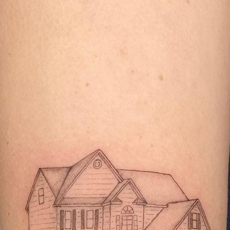 First Home Tattoo, Childhood House Tattoo, Fine Line House Tattoo, Childhood Home Tattoo, Tiny House Tattoo, Little House Tattoo, House Tattoo Simple, Tattoo House, Pnw Tattoo