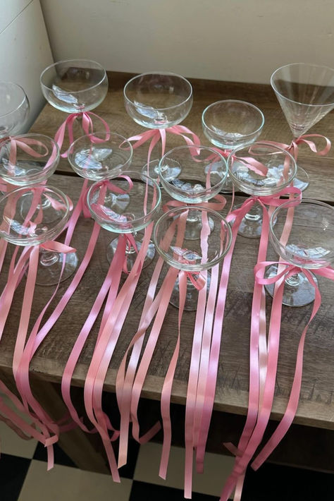 Hosting this festive season? Why not add some whimsy to the occasion with some vintage glassware and ribbons to elevate your drinks. From champagne flutes to coupes. Luminarc wine glasses to martini glasses. Explore the edit of party essentials. Image via talliia on Instagram. حفل توديع العزوبية, Fest Mad, Valentinstag Party, Birthday Dinner Party, Galentines Party, Hosting Holidays, Valentine Dinner, 20th Birthday, Valentines Party