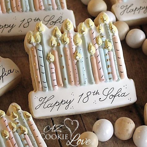 Gina Miller - Arizona (Ahwatukee) Custom Decorated Cookies (@azcookielove) • Instagram photos and videos Candle Cookies Decorated, 18th Birthday Cookies Decorated, Cookies 60th Birthday, Birthday Decorated Cookies, Birthday Candle Cookies, Happy Birthday Cookies, Candle Sugar Cookies, Cookie Gift Packaging, Gina Miller