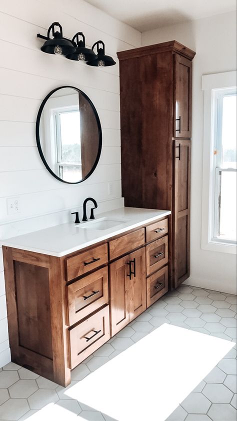 Main Bathroom Remodel Farmhouse, Master Bath Opposite Wall Vanities, Grey Stained Wood Cabinets Bathroom Vanities, Rustic Farmhouse Bathroom Storage Cabinets, Wood Laundry Cabinets, Rustic Transitional Bathroom, Modern Rustic Bathroom Ideas Master Bath, Wood Cabinets Bathroom Ideas, Bathroom Vanity With Linen Closet