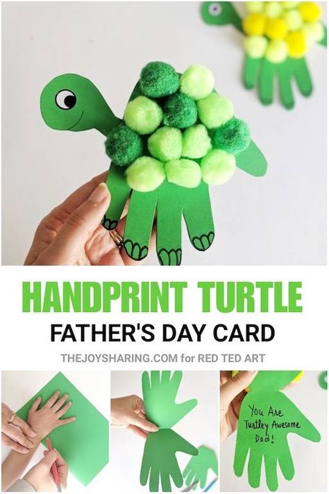 Handprint Card Ideas, Handprint Cards From Kids, Easy Hand Crafts For Kids, Handprint Turtle, Crafts For 3yrs Old, Fathers Day Gifts Ideas From Kids, Turtle Handprint, Hand Print Crafts, Diy With Kids