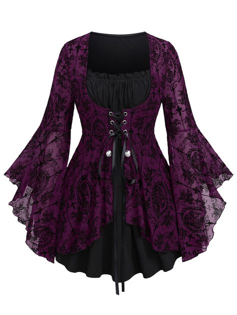 PRICES MAY VARY. Featurel--Gothic style, square neck, lace-up, costume top, long sleeves, ruffles, colorblock, flower print, two tone, buttons Matching--This gothic top can be worn not only with jeans, flares, shorts, and skirts. as everyday fashionable wear but also with hats, necklaces, boots, etc. as a vampire role-play on Halloween. Also, a Renaissance costume or carnival costume is also a good option. Occasions--This long sleeves tee is suitable for daily, halloween witch costume, Renaissan Goth Plus Size, Outfits Goth, Medieval Shirt, Emo Shirt, Plus Size Flare, Retro Steampunk, Vestidos Retro, Punk Shirt, Gothic Tops