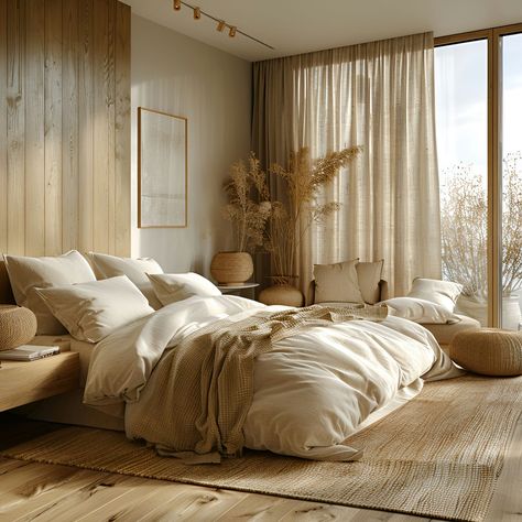 Transform your guest room into a serene escape with this boho-modern design. Featuring light wooden floors, beige walls, and linen curtains, the space is bathed in natural light from large windows showcasing tree views. A cozy bed with soft beige linens is complemented by boho furniture and pampas grass accents, creating a calm, relaxing vibe. Minimalist yet warm, its perfect for welcoming visitors. Cozy Bedroom Decor Ideas, Inspiring Aesthetic, Cozy Bedroom Decor, Bedroom Ideas Cozy, Wall Panels Bedroom, Cozy Bedrooms, Bedroom Decor For Small Rooms, Modern Bedroom Interior, Aesthetic Cozy