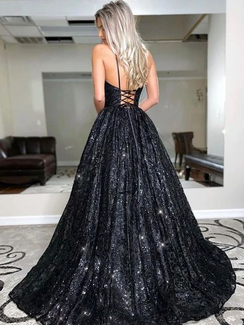 A-Line/Princess Sweep/Brush Train V-neck Sequin Sleeveless Sequins Dresses Black Sparkly Prom Dress, Black Sequin Prom Dress, Sparkly Prom Dresses, Winter Formal Dresses, Spaghetti Strap Prom Dress, Prom Dresses Sleeveless, Sequin Evening Dresses, Sequin Prom Dresses, Black Prom