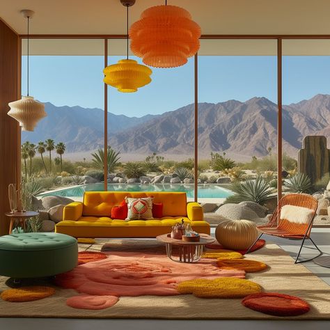 Looking back at some old Palm Springs living rooms we dreamed up this summer. Which one is your favorite? | Instagram Palm Springs Living Room, Glass Homes, Palm Springs Interior Design, Mid Century Modern Living Room Design, Palm Springs Interior, Palm Springs Homes, 70s Living Room, Palm Springs Decor, Mid Century Modern Rugs