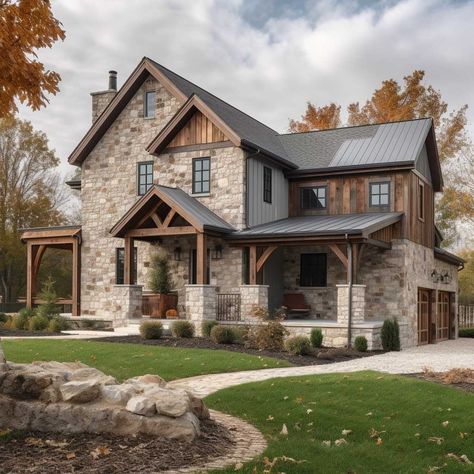 10+ Stunning Farmhouse Exterior Design Ideas You'll Love • 333+ Art Images Rock Houses Exterior, New England Style Farmhouse, Rustic Country House Exterior, Old Rock House Exterior Remodel, House Exterior Stone And Siding, White Rustic House Exterior, Country Cottage Exterior Farmhouse, Stone House With Porch, Rustic Home Exterior Colors