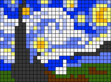 Alpha pattern #83627 | BraceletBook Van Gogh Sunflowers Pixel Art, Pixel Starry Night, Starry Night Pixel Art 32x32, Starry Night Alpha Pattern, Cross Stitch Sky, Pixel Painting Art, Pixel Art Famous Painting, Letters Pixel Art, Space Alpha Pattern