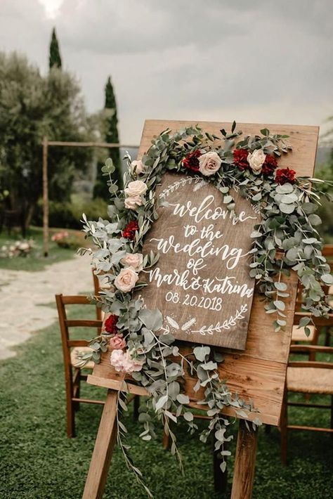 30 Sage Green Wedding Ideas ❤ sage green wedding ceremony woodland sign with greenery and roses federica_cavicchi #weddingforward #wedding #bride #weddingdecor #sagegreenwedding Sage Wedding Color Palette, Sage Wedding Colors, Hiasan Perkahwinan, Red Sage, Majlis Perkahwinan, Rustic Wedding Decorations, Silver Sage, Country Wedding Decorations, Wooden Wedding Signs