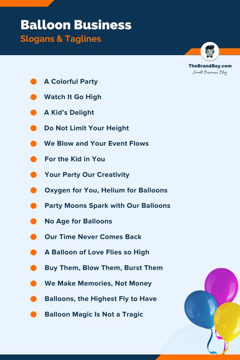 Balloon Company Name Ideas, Balloon Business Names, Business Balloons, Tagline Ideas, Money Balloon, Balloon Quotes, Balloon Business, Shop Name Ideas, Balloon Logo