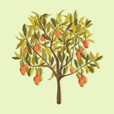 Mango Tree Painting, Mango Tree Aesthetic, Mango Tree Tattoo, Mango Tree Illustration, Mango Tree Drawing, Fruit Tree Drawing, Fruit Tree Illustration, Homemade Packaging, Bathroom Mural