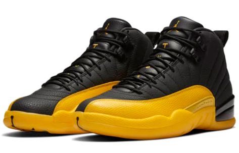 The Nike Air Jordan 12 Retro "University Gold" features a two-tone color scheme with a black leather upper and bright yellow mudguard with lizard patterns. The vibrant yellow extends to the entire length of the sole. Jordan 12 University Gold, Nike Jordan 12, Jordan 12 Black, Gold Basketball Shoes, Jordan Retro 12, Jordan Model, Air Jordan 12, Air Jordan 12 Retro, Nike Air Jordan Retro