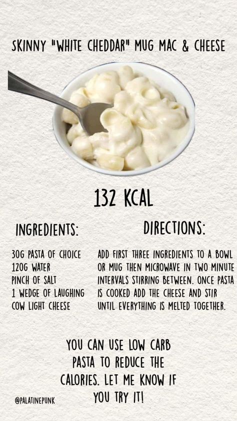 Low calorie white cheddar mac & cheese mug recipe safe food 200 Cal Dinner, Inspo For Wl, Low Cal Chocolate Chip Muffins, Low Cal Filling Foods, Low Cal Snacks Ed, Low Cal Snack Recipes, Wl Meal Aesthetic, Low Cal Lunch Recipes, Wl Food Ideas