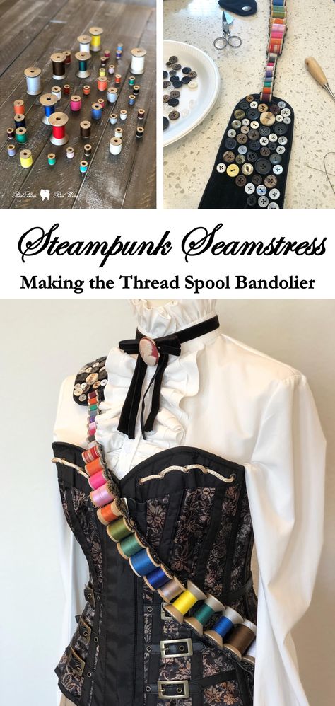 Steampunk Seamstress Costume, Seamstress Costume Ideas, Diy Bag Holder, Larp Accessories Diy, Cosplay Accessories Ideas, Victorian Diy Crafts, Steampunk Tailor, Seamstress Character Design, Diy Fashion Belt