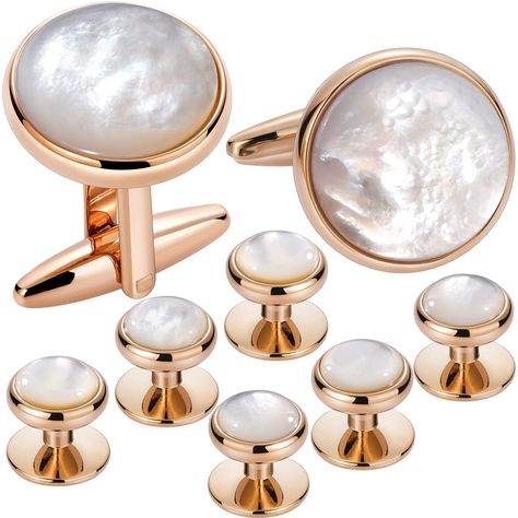 PRICES MAY VARY. Romantic Mother of Pearl Match with Rose Gold Tone, Stylish Studs and Cuff Links Set for Men Tuxedo. Cuff Links Set: 18X5mm, Studs Size: 11X4mm, Set Weight: 36.3g, Package: A Black Box (6 studs) . When Attending Important Occasion, Business. Party,Wedding,Banquet, This Cufflinks and Studs Set Will Bring You a Sharp Look Best Gentleman Gift for Groom, Best Man, Father of Bride. Christmas Gift. Long Time Warranty: 90-Day Money Back Guarantee or Exchange If You Are Not Satisfied Or Elegant White Cufflinks For Wedding, Classic Gold Cufflinks For Party, Elegant Cufflinks For Anniversary And Father's Day, Elegant Rose Gold Cufflinks For Business, Classic White Cufflinks For Wedding, Classic Rose Gold Cufflinks For Formal Occasions, Elegant White Cufflinks For Father's Day, Rose Gold Cufflinks For Formal Occasions, Rose Gold Formal Cufflinks