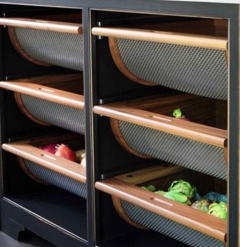 Produce Baskets In Pantry, Fresh Produce Storage Pantry, Built In Produce Storage, Modular Kitchen Vegetable Storage, Produce Storage Pantry, Vegetables Drawer Kitchen, Kitchen Tray Storage, Produce Storage Countertop, Produce Pantry Storage