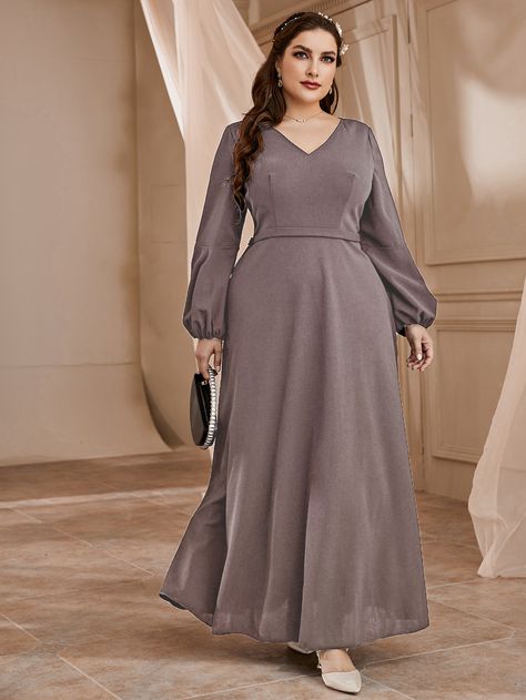 Pink Elegant  Long Sleeve Polyester Plain A Line Embellished Slight Stretch Spring/Fall Plus Size Dresses Dress For Big Size Woman, Bridesmaid Dresses Hijab, Plus Size Hijab, Model Gamis, Big Size Dress, Plus Size Fall Fashion, Fall Plus Size, Long Dress Design, Dress Muslim