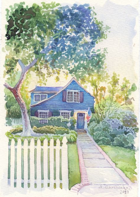 Watercolor House Painting, Watercolor House, Watercolor House Portrait, Cottage Painting, Garden Illustration, Custom House Portrait, House Portrait, House Sketch, Cat Air