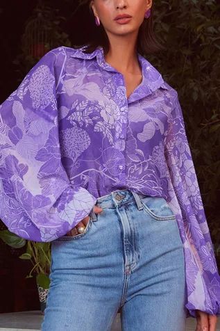 Georgette Shirts For Women, Georgette Shirt, Purple Orchids, Fashion Attire, Shirt For Women, Floral Motifs, Balloon Sleeves, Work Outfits, Aza Fashion