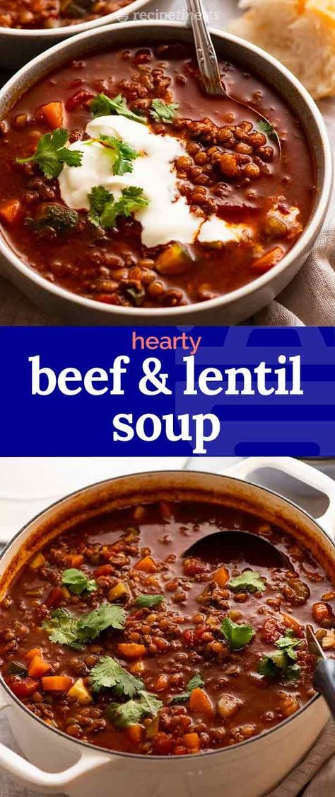 Beef Stew With Lentils, Beefy Lentil Soup, Beef And Lentil Chili, Ground Beef Lentil Soup Recipes, Lentil Soup With Beef Broth, Minced Beef Sandwich Recipes, Lentils Ground Beef, Minced Beef Soup Recipes, Lentil And Beef Stew