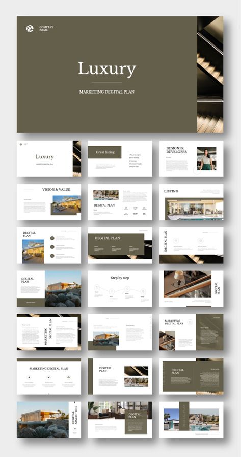 Luxury Presentation Layout Design, Real Estate Powerpoint Presentation, Hotel Presentation Design, Real Estate Presentation Design, Hotel Presentation, Marketing Plan Presentation, Presentation Google Slides, Canva Presentation, Background Presentation