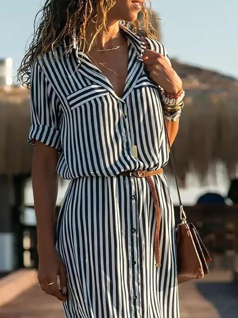 7a6a74cbe87bc60030a4bd041dd47b78desc47843853ri Bridal Romper, Striped Dress Outfit, Shift Dress Casual, Striped Shawl, Shirt Dress Summer, Boho Dresses, Maxi Shirts, Striped Shirt Dress, Maxi Shirt Dress