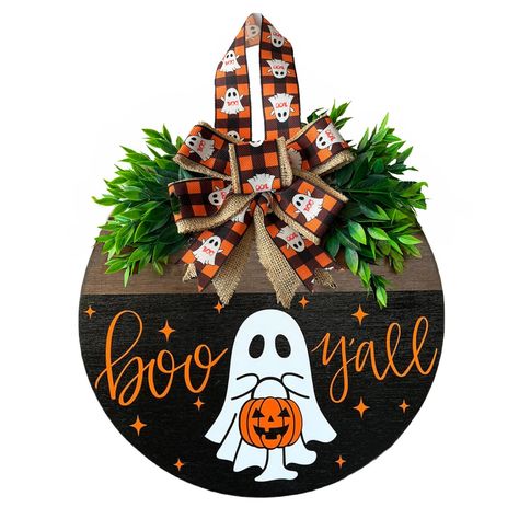 PRICES MAY VARY. 【Unique Design】 Our Halloween door decoration design is unique and beautiful, with cute ghosts carrying pumpkin baskets and printed with the "Boo" logo, full of Halloween atmosphere, perfect for decorating your home on Halloween. 【Suitable Size】Our Halloween house number has a diameter of about 12 inches/30cm. This size is just right for decorative doors, neither too small to be noticed nor too large to affect the overall appearance of the door. It is the perfect size for a room Porta Halloween, Backyard Door, Door Plaque, Halloween Door Hangers, Zucca Halloween, Porte Decorate, Hauntingly Beautiful, Halloween Door, Pumpkin Wreath