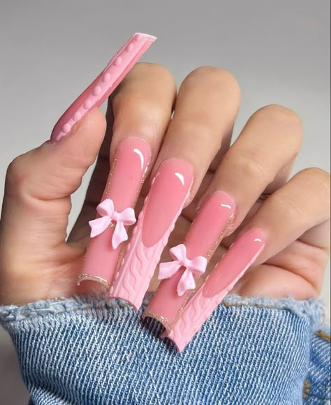 Pink Long Nails With Gems, Girly Acrylic Nails Designs Pink, Long Baby Pink Acrylic Nails, Long Nails Ideas, Pretty Pink Nails, Exo Anime, Uñas Ideas, Pink Ombre Nails, Drip Nails