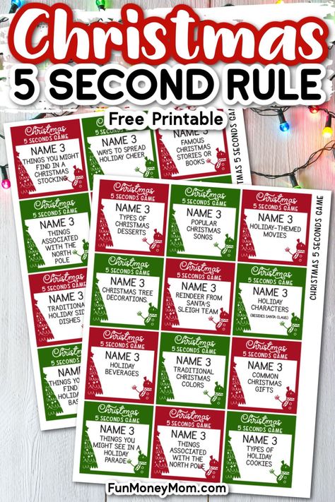 This free printable Christmas 5 Seconds game is the perfect holiday game for kids and adults alike! They'll have a blast with this quick and easy to play holiday activity! Free 50s Printables, Christmas Outburst Game Free, Christmas Night Games, Christmas Games For Adults Free, Fun Christmas Party Games For Adults Free Printable, Think Fast Christmas Game Free Printable, Christmas Enrichment Activities, Christmas Song Emoji Game Free, Christmas Trivia Games For Kids